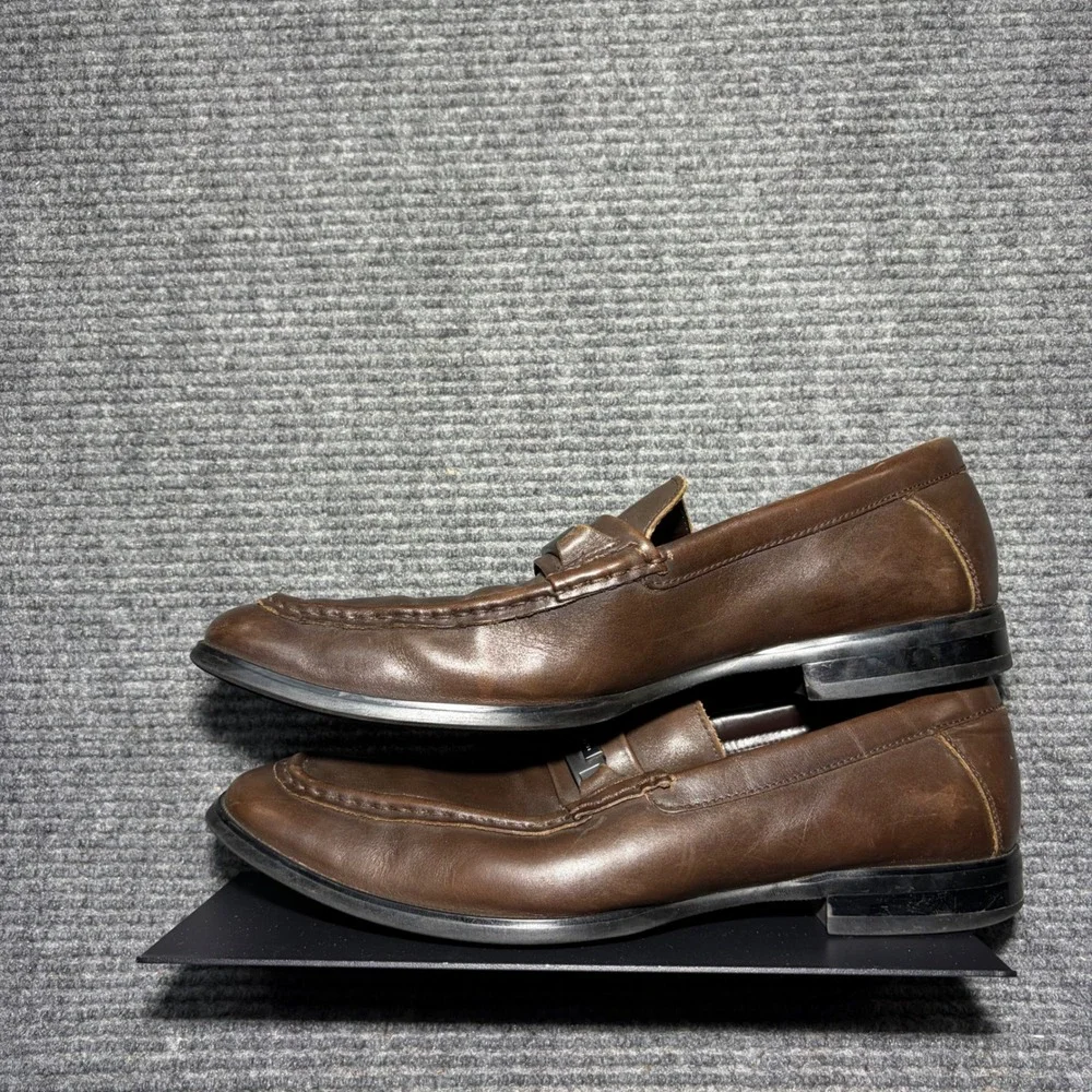 Calvin Klein Cordell Mens Brown Leather Square Toe Loafers Shoes 12M 34F0254